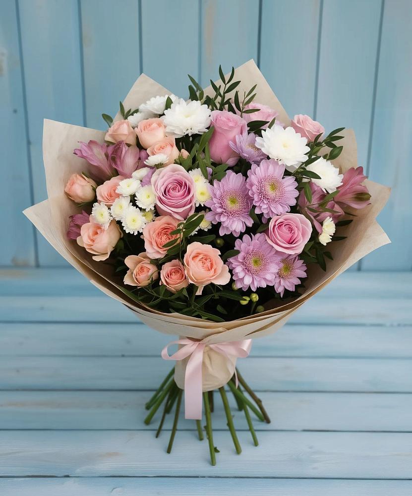 Букет цветов из: Хризантемы, Розы и Альстромерии в Первоавгустовском