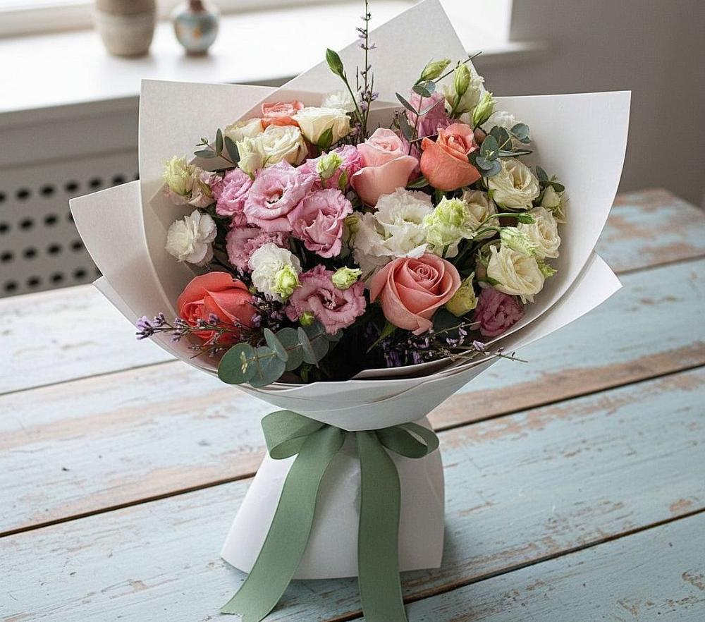 Букет цветов из: Розы, Лизиантусы и Гвоздики в Первоавгустовском