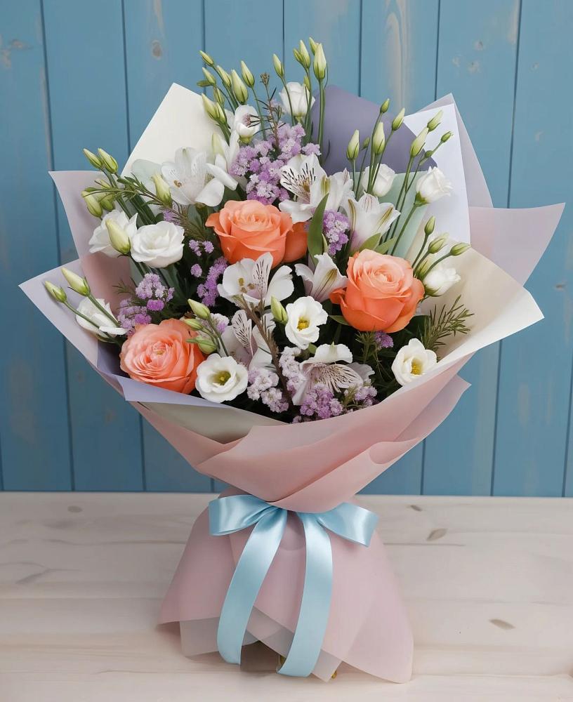 Букет цветов из: Лизиантусы, Розы, Альстромерии и Гипсофила в Первоавгустовском