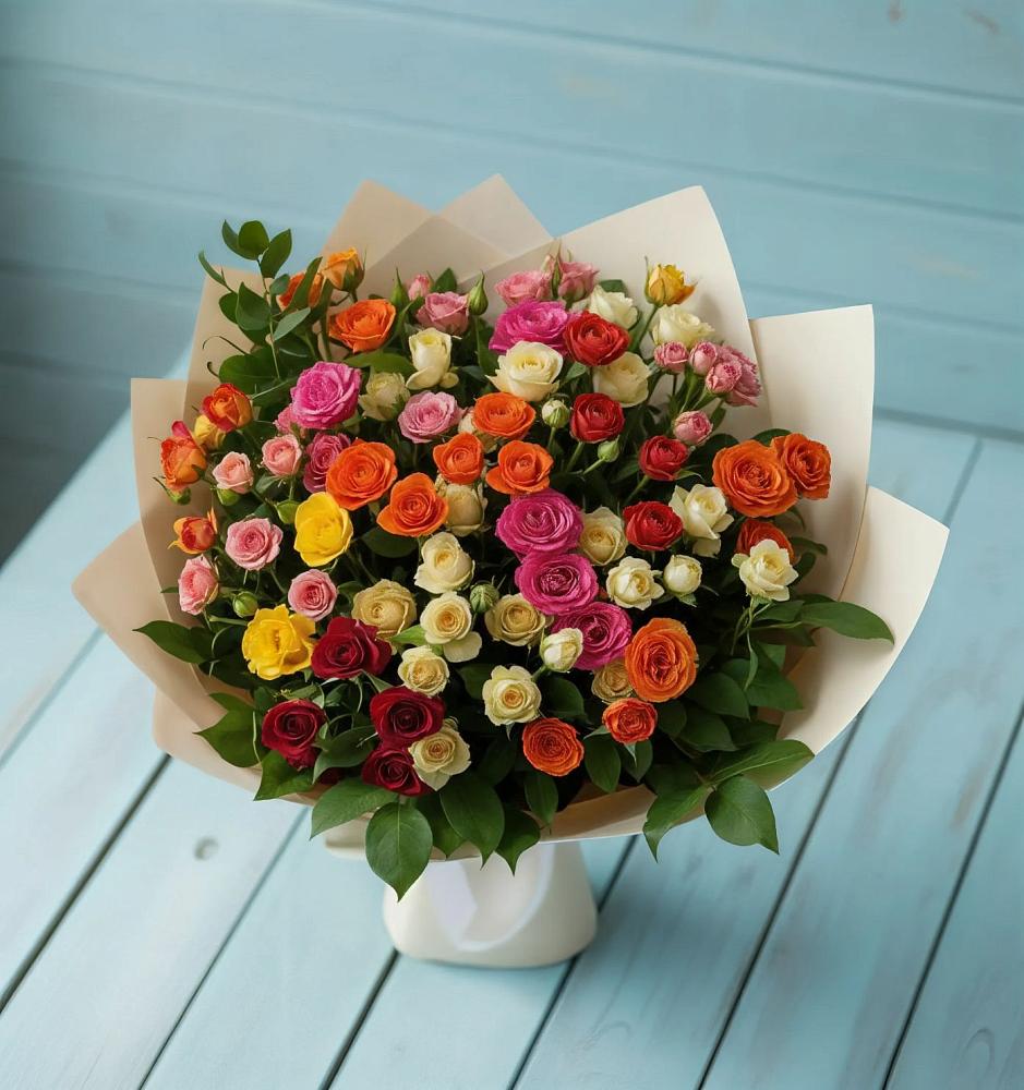 Букет Микс из разноцветных кустовых роз в Первоавгустовском